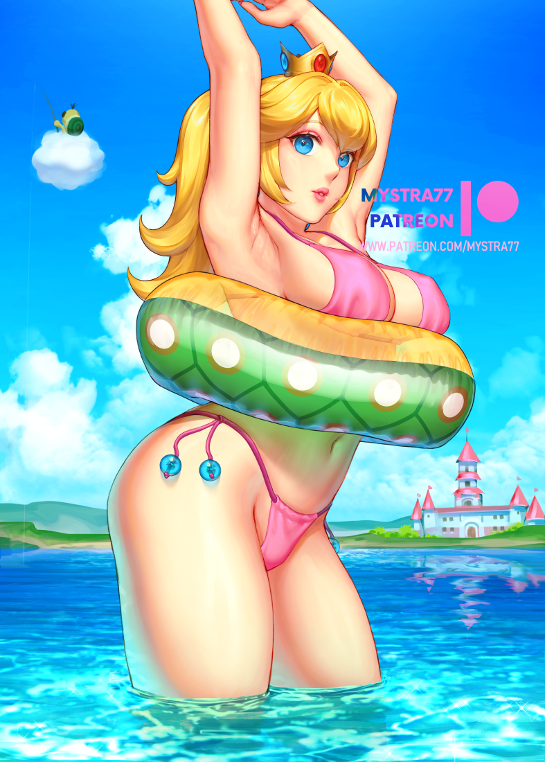1girl 1other alternate_costume armpits arms_up artist_name bikini blonde_hair blue_eyes blue_sky blush breasts castle character_print cloud cloudy_sky covered_erect_nipples crown day eyelashes feet_out_of_frame gem hair_between_eyes in_water innertube lakitu large_breasts lips long_hair looking_at_viewer mario_(series) mystra77 navel nintendo outdoors parted_bangs parted_lips patreon_logo patreon_username pink_bikini pink_lips princess_peach princess_peach&#039;s_castle ripples shadow sideboob sidelocks sky solo_focus standing super_mario_bros._1 swim_ring swimsuit thighs wading water watermark web_address