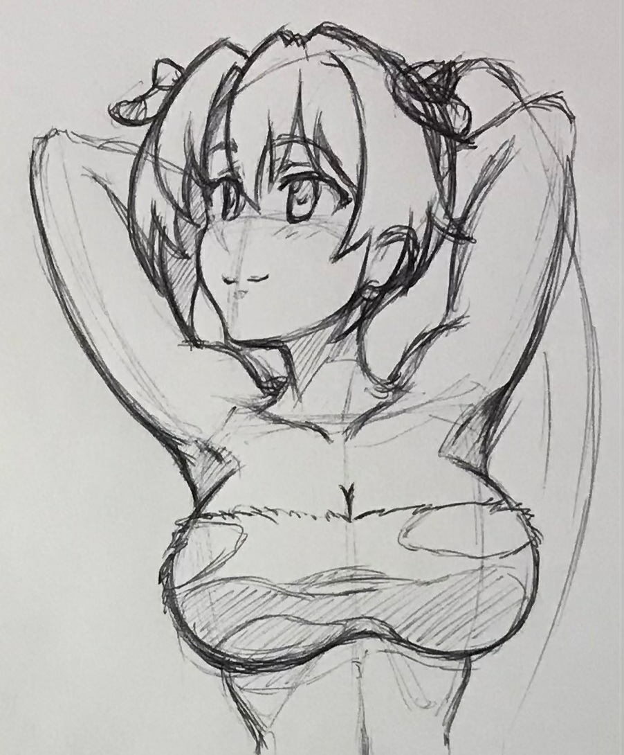 1girl abridged-satoko animal_ears animal_print armpits arms_behind_head bikini breasts cleavage cow_ears cow_print cow_print_bikini higurashi_no_naku_koro_ni large_breasts long_hair monochrome ponytail print_bikini smile sonozaki_mion swimsuit