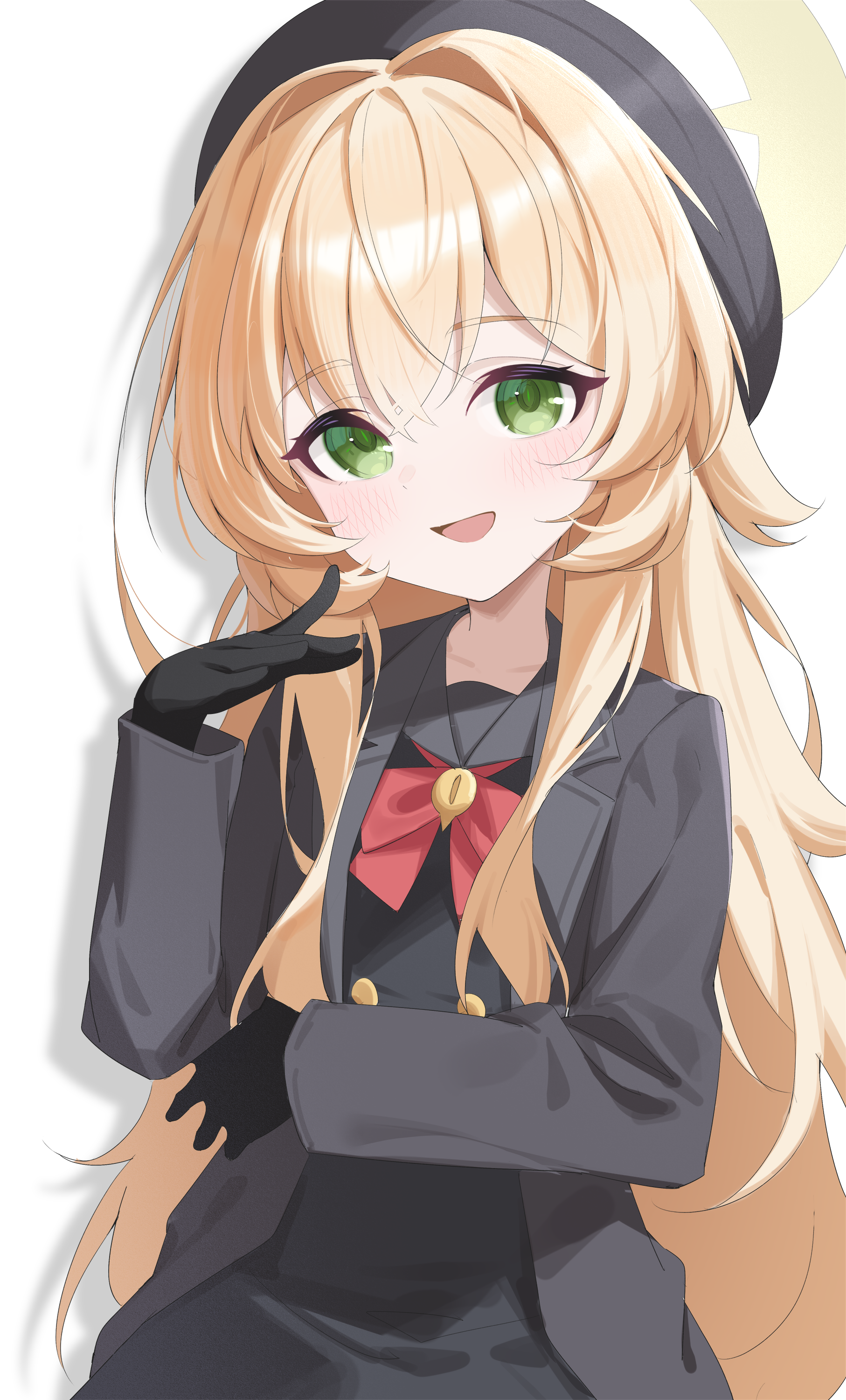 1girl absurdres beret black_coat black_hat black_shirt black_skirt blonde_hair blue_archive bow coat commentary dress green_eyes halo hat highres jei_(user_tckk7448) long_hair long_sleeves looking_at_viewer open_clothes open_coat open_mouth professor_niyaniya_(blue_archive) red_bow shadow shirt simple_background skirt solo white_background yellow_halo