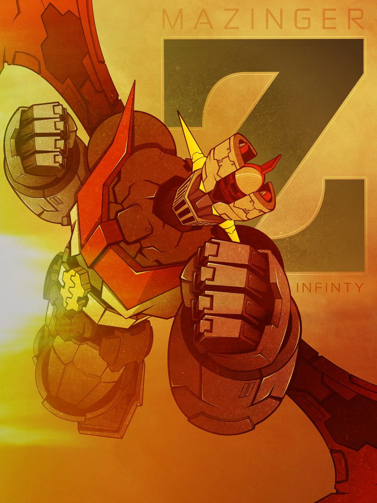 clenched_hands comic cover dusk english_text fake_cover flying logo machinery mazinger_(series) mazinger_z mazinger_z:_infinity mazinger_z_(mecha) mecha no_humans pilder realistic redesign robot science_fiction sun super_robot title toddck