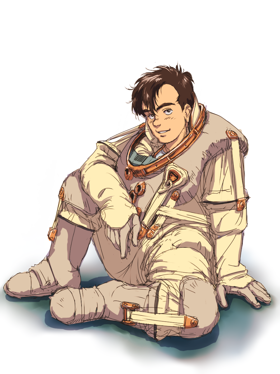 1boy blush brown_hair full_body gloves hair_between_eyes highres honneamise_no_tsubasa male_focus shirotsugh_lhadatt simple_background sitting smile solo spacesuit teikoku_jokyoku thick_eyebrows