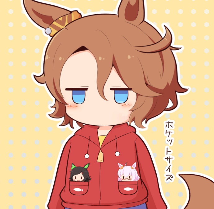 3girls :d animal_ears biwa_hayahide_(umamusume) black_hair blue_eyes blush_stickers brown_background brown_hair chibi drawstring glasses gomashio_(goma_feet) grey_hair hair_between_eyes hood hood_down hooded_jacket horse_ears horse_girl horse_tail in_pocket jacket jitome long_sleeves mini_person minigirl multiple_girls narita_taishin_(umamusume) open_mouth outline parted_bangs polka_dot polka_dot_background puffy_long_sleeves puffy_sleeves red-framed_eyewear red_jacket semi-rimless_eyewear short_hair simple_background smile swept_bangs tail translation_request umamusume under-rim_eyewear white_outline winning_ticket_(umamusume) |_|