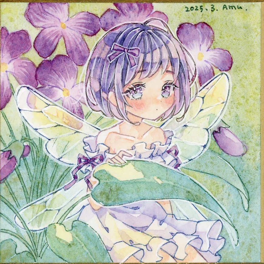 1girl amu_(m_aa) bob_cut bow collarbone commentary_request dated dress fairy fairy_wings flower frilled_dress frills hair_bow off-shoulder_dress off_shoulder original painting_(medium) purple_background purple_dress purple_flower purple_hair purple_ribbon ribbon shikishi short_dress short_hair signature solo traditional_media watercolor_(medium) wings