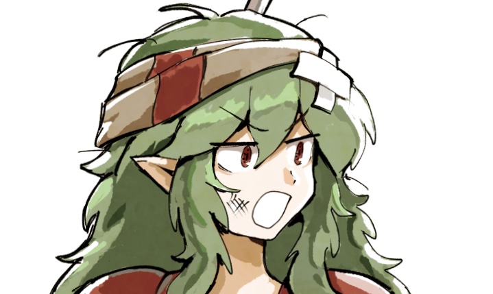 1other androgynous annoyed bandaid bandaid_on_head commentary_request crossed_bandaids green_hair hair_between_eyes hemo_(hemoroda) len&#039;en long_hair pointy_ears portrait red_eyes scrape simple_background solo taira_no_fumikado v-shaped_eyebrows white_background