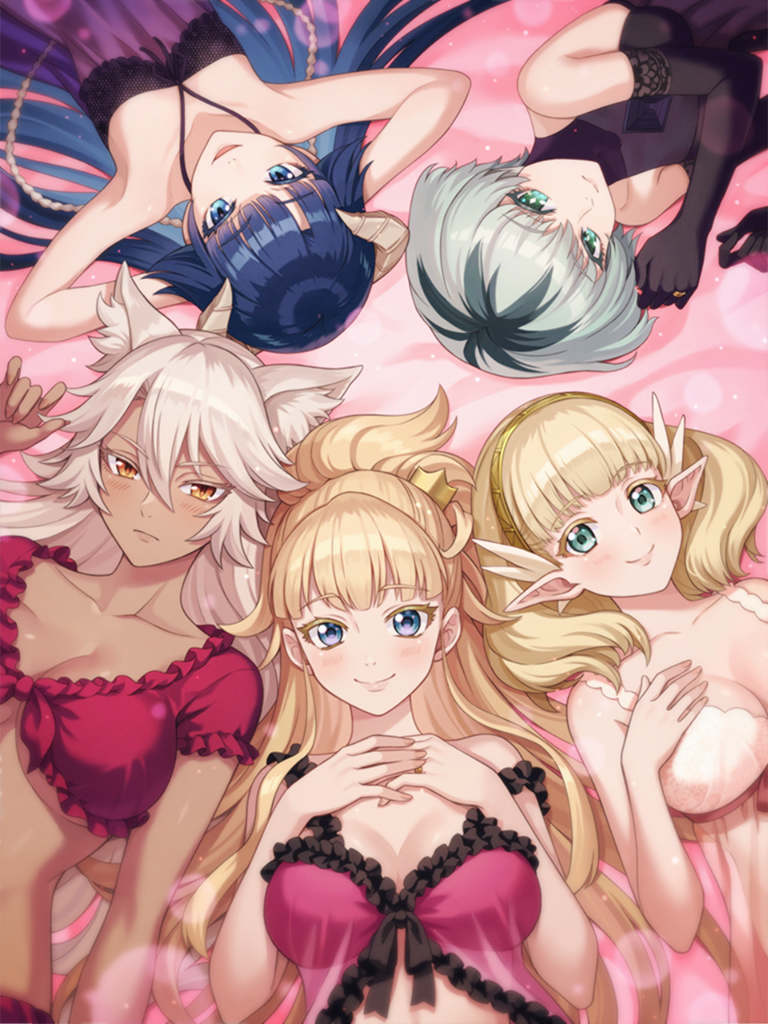 5girls amber_idanokan animal_ear_fluff animal_ears arms_behind_head babydoll bare_shoulders black_gloves blue_eyes blue_hair breasts brown_horns cat_ears cat_girl circle_formation cleavage closed_mouth collarbone elbow_gloves elf gloves granat_needakitta green_eyes hair_ornament hand_on_own_chest harem horns kekkon_yubiwa_monogatari large_breasts looking_at_viewer lying multiple_girls nephrites_lomka nonaka_himeno official_art on_back on_side open_mouth orange_eyes pink_babydoll pink_background pointy_ears purple_babydoll ragnador saphir_maasa short_hair small_breasts smile third-party_source white_babydoll