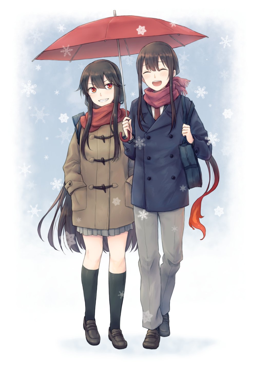 1boy 1girl :d bag black_socks blue_background blue_coat brother_and_sister brown_coat brown_footwear brown_hair buttons center-flap_bangs closed_eyes coat contemporary double-breasted duffel_bag duffel_coat enpera fate/grand_order fate_(series) fiery_hair full_body grey_pants grin hair_between_eyes hands_in_pockets highres holding holding_strap holding_umbrella kneehighs loafers long_hair long_sleeves looking_at_viewer miniskirt necktie oda_nobukatsu_(fate) oda_nobunaga_(fate) open_mouth pants pleated_skirt ponytail raised_eyebrows red_eyes red_necktie red_scarf scarf school_uniform shadow shared_umbrella shoes shoulder_bag siblings sidelocks skirt smile snowflakes snowing socks teeth teramoto_kei toggles umbrella upper_teeth_only v-shaped_eyebrows very_long_hair walking weapon_bag white_background winter_clothes