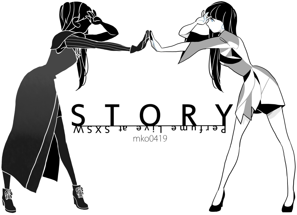 arm_up bad_id bad_pixiv_id black_footwear dress english_text gloves greyscale grgr27 long_dress long_hair mirror_twins monochrome original silhouette simple_background standing white_background