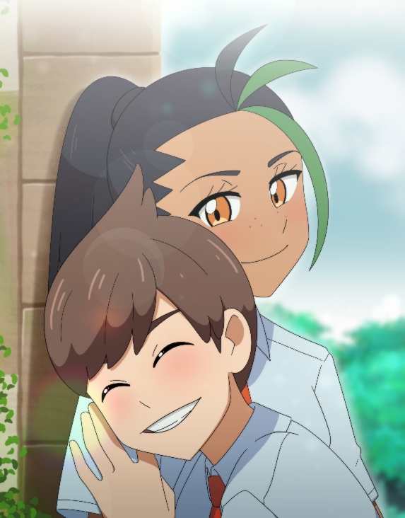 1boy 1girl ahoge black_hair closed_eyes dark-skinned_female dark_skin florian_(pokemon) freckles happy hetero necktie nemona_(pokemon) nintendo outdoors pok3d pokemon pokemon_sv ponytail smile yellow_eyes