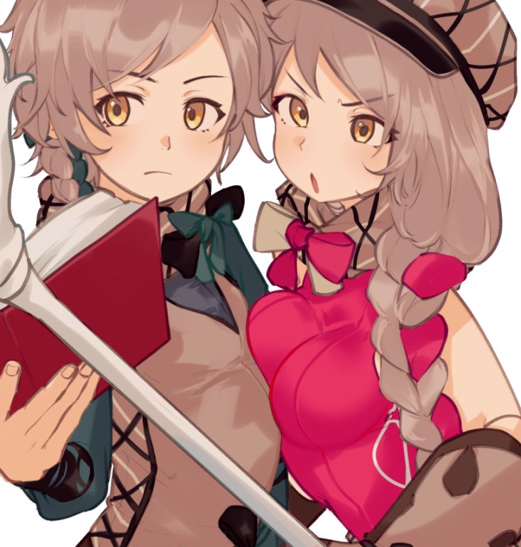1boy 1girl blonde_hair braid brother_and_sister brown_scarf clanne_(fire_emblem) fire_emblem fire_emblem_engage flannel framme_(fire_emblem) green_hair jbeixu937jrhdk long_hair looking_at_viewer multicolored_hair nintendo pink_hair plaid_clothes plaid_headwear plaid_scarf scarf siblings twins two-tone_hair