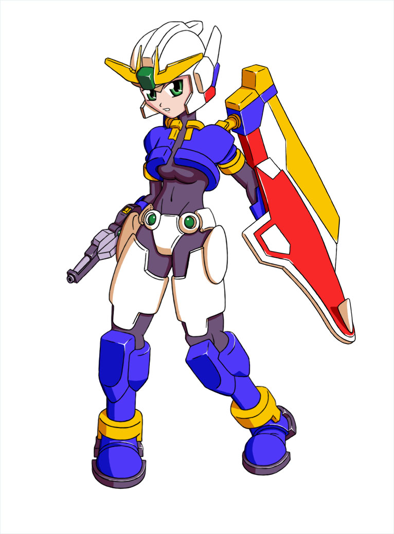 1990s_(style) 1girl aile_(mega_man_zx) beam_rifle capcom crossover energy_gun female_focus green_eyes gun gundam gundam_girl gundam_wing mecha_musume mega_man_(series) mega_man_zx retro_artstyle shield simple_background solo spandex vest weapon wing_gundam