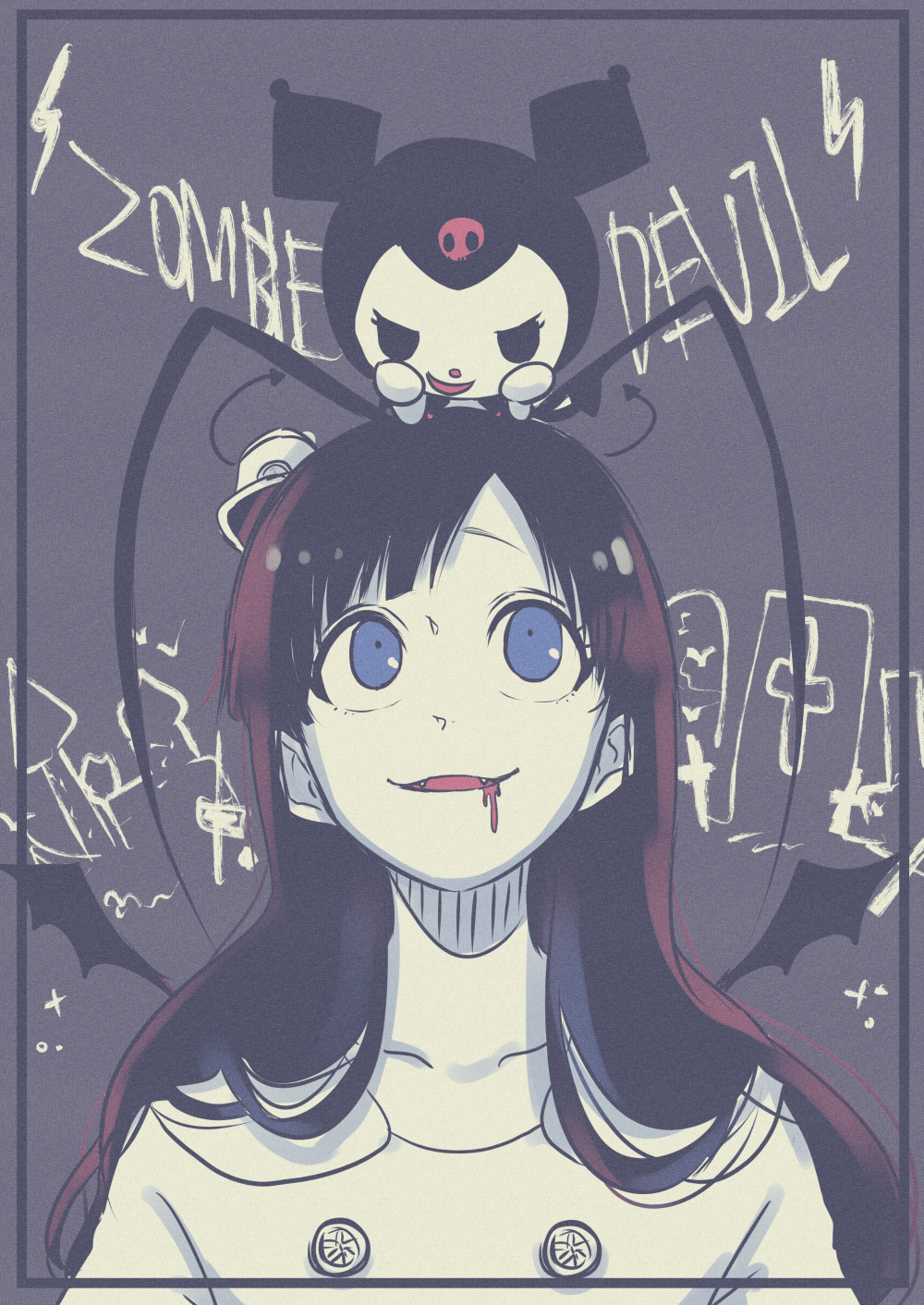 1boy androgynous antenna_hair black_hair bleach blood blood_from_mouth blue_eyes coat commentary_request crossover giselle_gewelle highres ikuno_taso kuromi onegai_my_melody quincy_(bleach) sanrio sternritter trap wandenreich_uniform white_coat