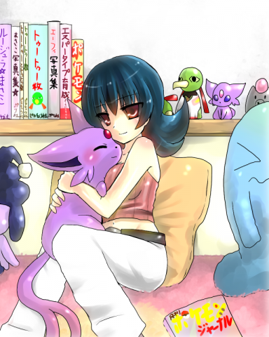 00s 1990s_(style) bare_shoulders belt black_hair camisole espeon figure gen_2_pokemon gen_3_pokemon gen_4_pokemon gym_leader hug lowres magazine_(object) midriff mime_jr. natu nintendo pillow pokemon pokemon_(creature) pokemon_gsc pokemon_hgss red_eyes retro_artstyle sabrina_(pokemon) sitting smile spoink stuffed_toy wobbuffet xatu
