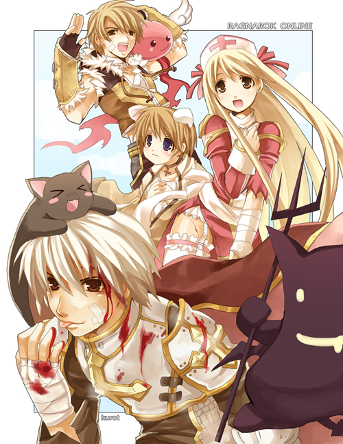 &gt;_&lt; 2boys 2girls acolyte_(ragnarok_online) angeling animal animal_on_head armor bandages blonde_hair blood blood_on_face blue_eyes brown_eyes cat cat_on_head deviruchi drooping_cat closed_eyes frilled_legwear garter_belt garter_straps hair_ribbon hat high_priest_(ragnarok_online) hunter knight knight_(ragnarok_online) kurot lord_knight_(ragnarok_online) multiple_boys multiple_girls nurse_cap on_head open_mouth pitchfork poring priest ragnarok_online ribbon sniper_(ragnarok_online) tears thighhighs tongue white_hair