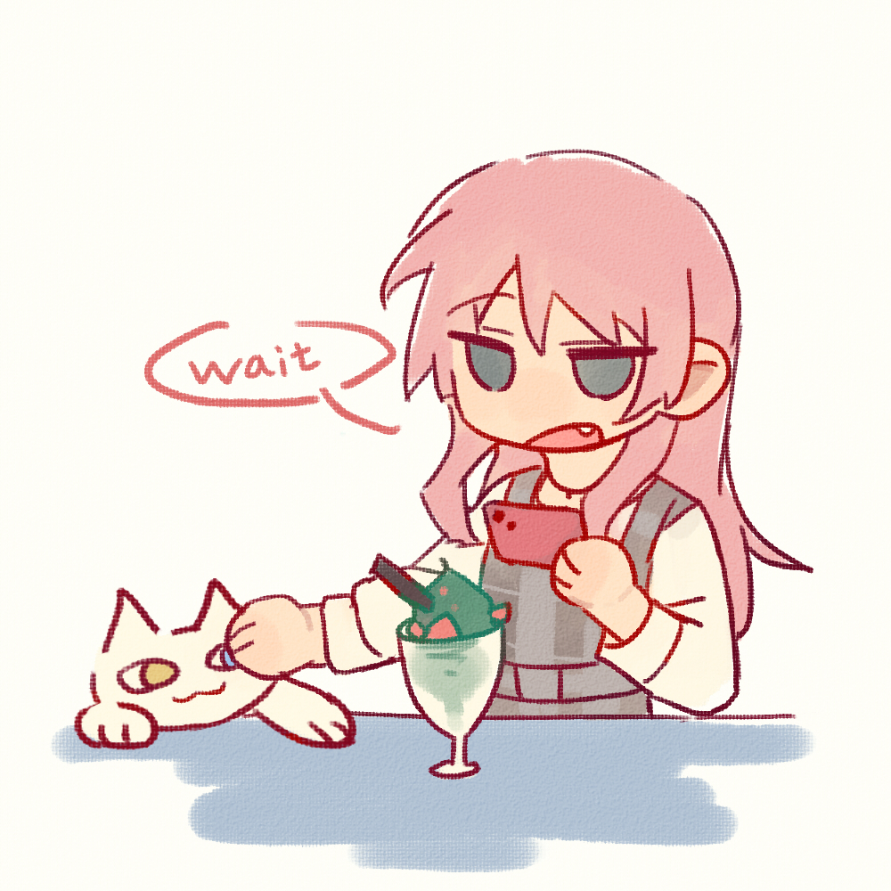 1girl animalization bang_dream! bang_dream!_it&#039;s_mygo!!!!! cat cellphone chihaya_anon chinese_commentary commentary_request dress fang grey_dress grey_eyes holding holding_phone kaname_raana long_hair matcha_parfait open_mouth phone pinafore_dress pink_hair raana_the_cat shirt sleeveless sleeveless_dress smartphone smile solo taking_picture white_shirt xmyishipi