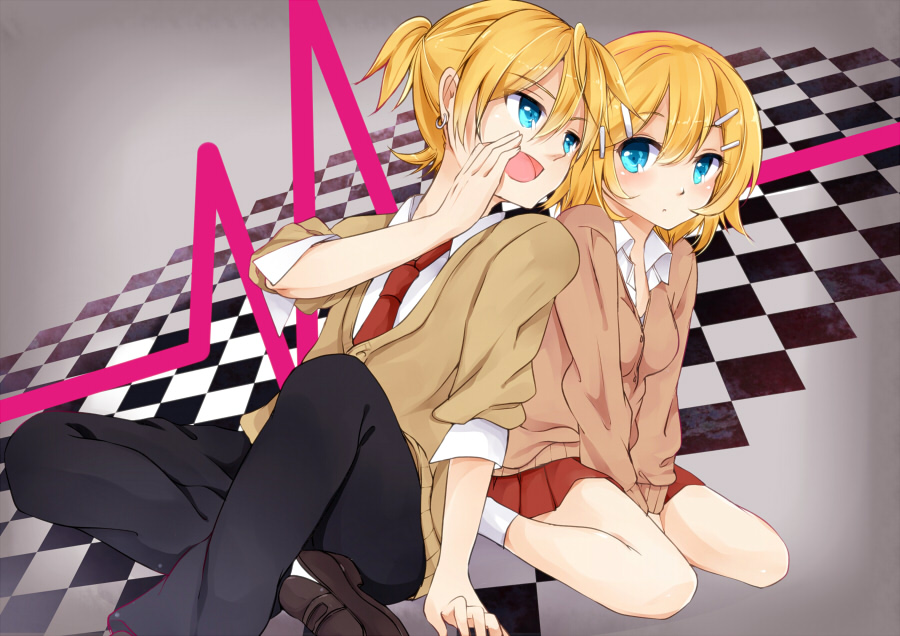 1boy 1girl blonde_hair blue_eyes bow hair_ornament hairclip hazuki_natsu kagamine_len kagamine_rin kusare_gedou_to_chokorewito_(vocaloid) necktie open_mouth ribbon shirt short_hair siblings skirt twins vocaloid
