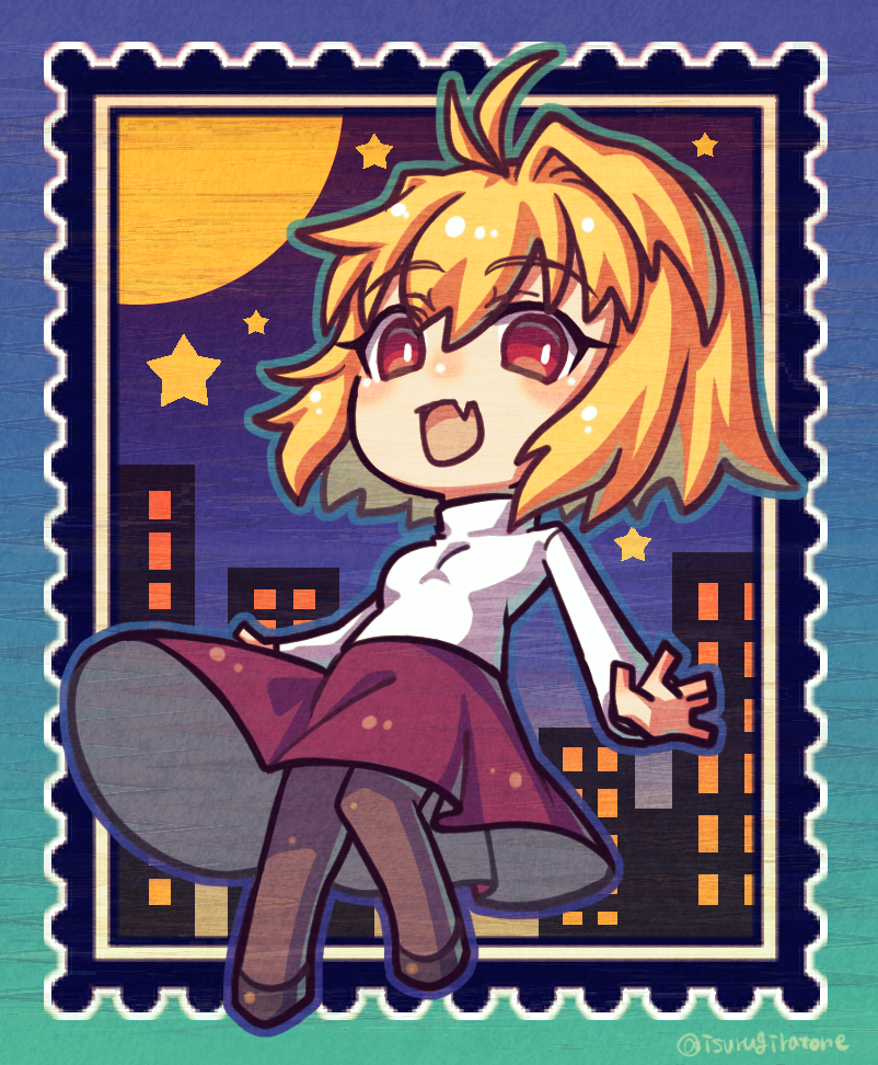 1girl ahoge antenna_hair arcueid_brunestud blonde_hair blush breasts chibi chibi_only city cityscape dress fang isurugiratone long_hair long_sleeves looking_at_viewer medium_breasts melty_blood night night_sky open_mouth pantyhose postage_stamp red_eyes short_hair skirt sky smile solo sweater tsukihime turtleneck