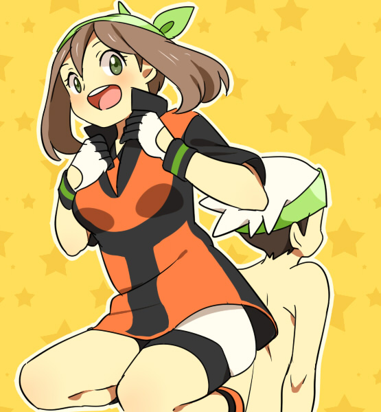 1boy 1girl alternate_costume bad_id bad_pixiv_id bare_legs bike_shorts black_hair blush borrowed_clothes brendan_(pokemon) brendan_(pokemon)_(cosplay) brendan_(pokemon_emerald) cosplay couple gloves hat hetero may_(pokemon) may_(pokemon_emerald) nintendo open_mouth pokemon pokemon_rse pumpkinpan topless_male