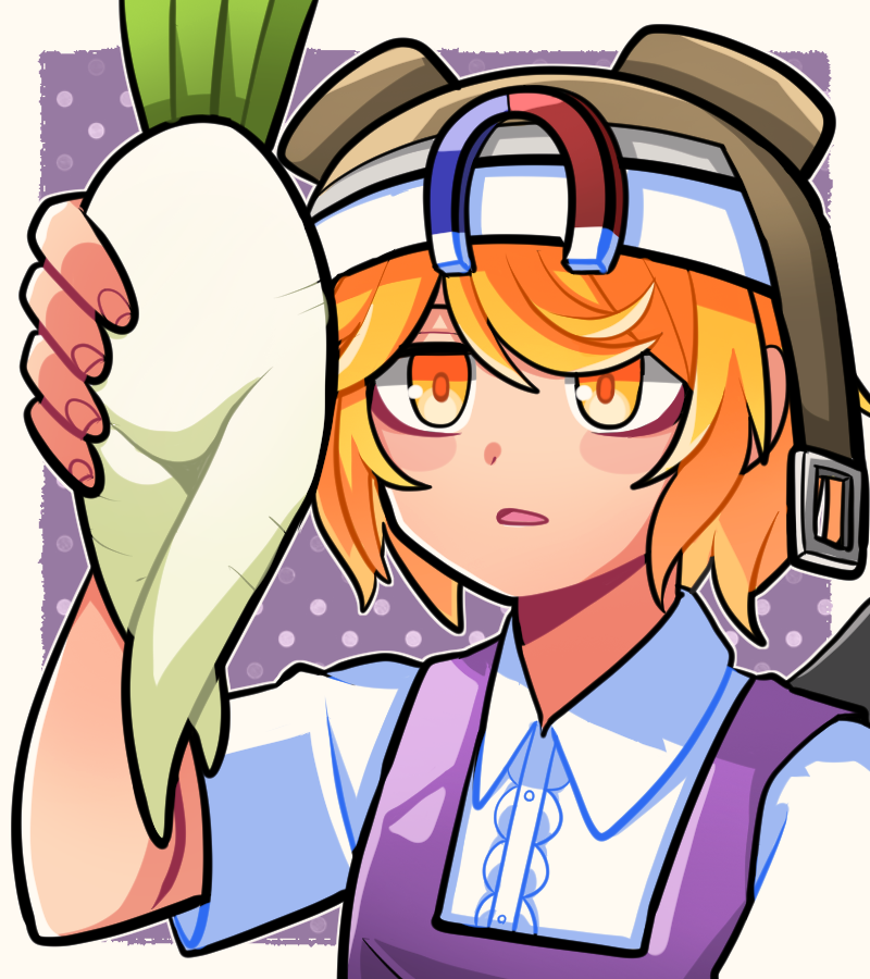 1jumangoku 1other black_wings blonde_hair blush_stickers buckle buttons collar food goggles goggles_on_headwear helmet holding holding_food len&#039;en magnet overalls polka_dot polka_dot_background purple_background purple_overalls radish short_hair short_sleeves umatachi_tsugumi unamused white_collar wings yellow_eyes