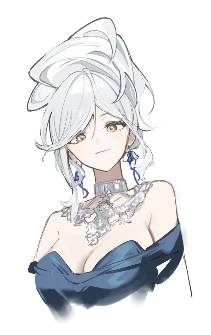 1girl bare_shoulders blue_dress breasts cleavage closed_mouth cropped_torso dress eternity_(reverse:1999) jellyfish_earrings jewelry large_breasts looking_at_viewer necklace off-shoulder_dress off_shoulder reverse:1999 sho_2nini short_hair solo upper_body white_background white_hair yellow_eyes