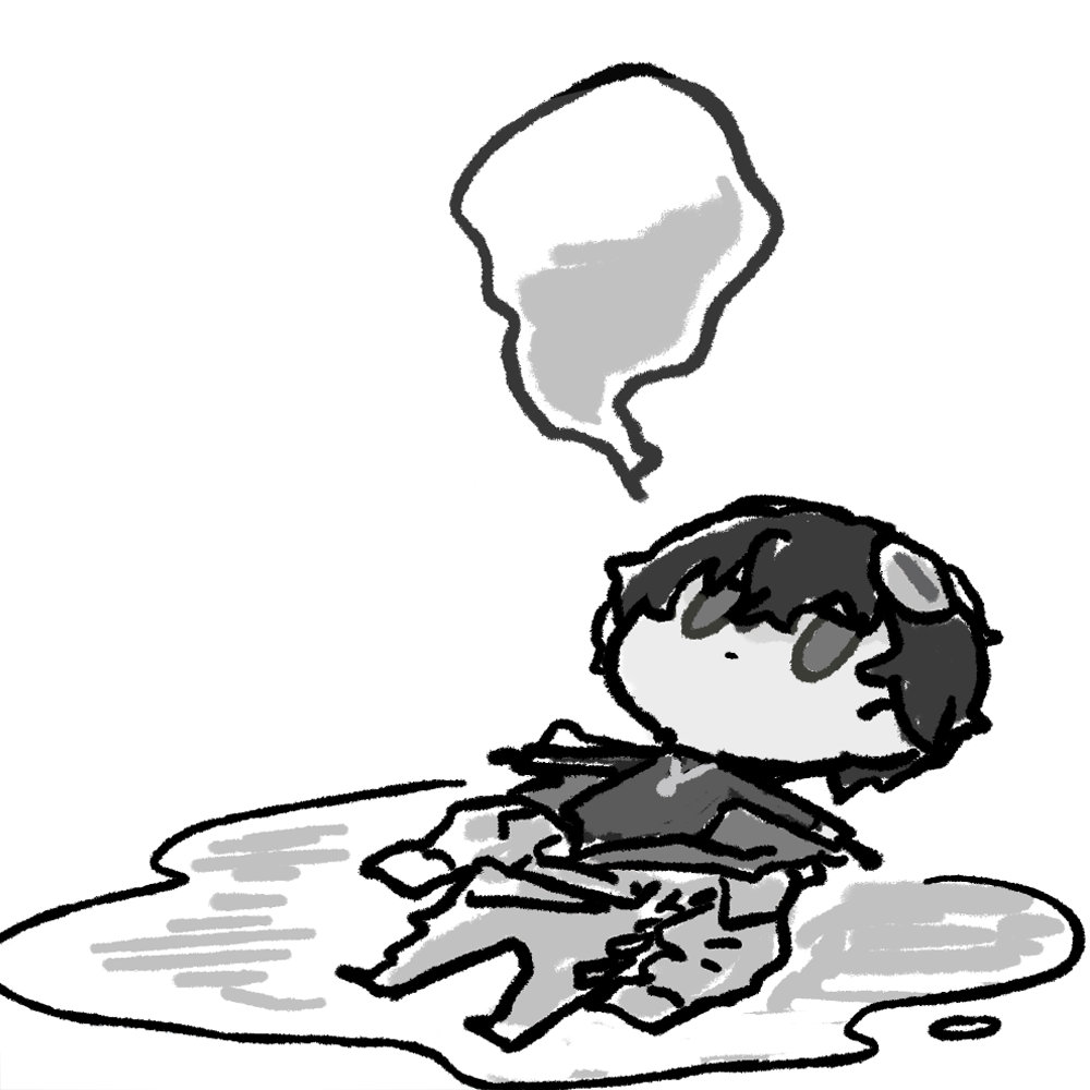 1boy black_hair chibi chibi_only chinese_commentary cui_pi_zha_xia_qiu girls&#039;_frontline girls&#039;_frontline_neural_cloud goggles goggles_on_head greyscale lying monochrome official_art on_back outstretched_arms second-party_source solo spread_arms sueyoi_(neural_cloud)