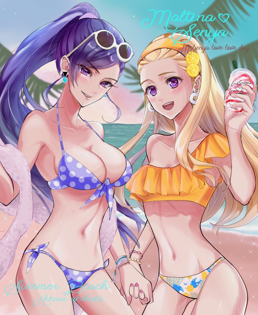 2girls akehata_hikari alternate_costume bare_shoulders beach bikini blonde_hair blue_bikini blue_sky blurry blurry_background bracelet breasts character_name cleavage commentary_request cowboy_shot day dragon_quest dragon_quest_xi drink earrings eyewear_on_head food food-themed_hair_ornament fruit hair_ornament hair_pulled_back hairband high_ponytail hip_bones holding holding_drink holding_hands jewelry large_breasts lemon lemon_hair_ornament lemon_slice long_hair looking_at_viewer martina_(dq11) midriff multiple_girls navel open_mouth orange_hairband outdoors palm_tree palm_tree_print pink_nails pink_shawl pink_sky polka_dot polka_dot_bikini ponytail purple_eyes purple_hair senya_(dq11) shawl side-tie_bikini_bottom single_strap sky small_breasts smile sphere_earrings sunglasses swimsuit teeth tree white-framed_eyewear