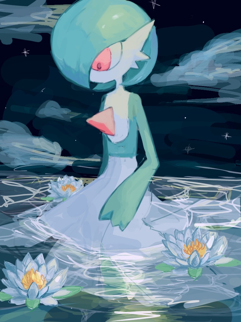 bob_cut colored_skin dress flower gardevoir gen_3_pokemon green_hair green_skin in_water multicolored_skin nashi0_0syo nintendo pink_eyes pokemon pokemon_(creature) ripples two-tone_skin water white_dress white_lotus white_skin