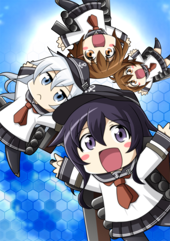 10s 4girls :&lt; :d akatsuki_(kancolle) anchor_symbol arms_up black_hair black_socks blue_eyes blush brown_hair chibi fang flat_cap folded_ponytail hair_between_eyes hair_ornament hairclip harada_shoutarou hat hibiki_(kancolle) ikazuchi_(kancolle) inazuma_(kancolle) kantai_collection kneehighs long_hair long_sleeves multiple_girls neckerchief odd_one_out open_mouth pantyhose pleated_skirt ponytail purple_eyes school_uniform serafuku short_hair silver_hair skirt smile socks thighhighs