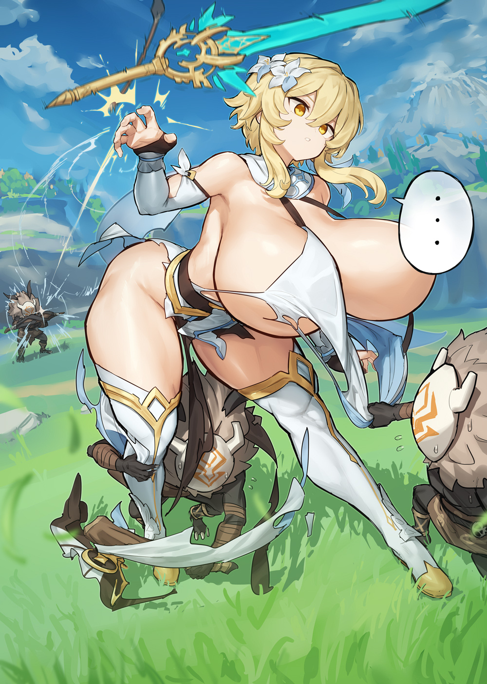 ... 1girl alternate_breast_size arrow_(projectile) assisted_exposure blonde_hair boots bow_(weapon) breasts cloud crossbow detached_sleeves dress flower flying_sweatdrops genshin_impact gigantic_breasts hair_flower hair_ornament highres hilichurl_(genshin_impact) holding holding_crossbow holding_weapon lumine_(genshin_impact) melon22 motion_lines mountain short_hair skyward_blade_(genshin_impact) speech_bubble speech_bubble_censor speed_lines spoken_ellipsis sword tearing_clothes thigh_boots torn_clothes torn_dress weapon yellow_eyes
