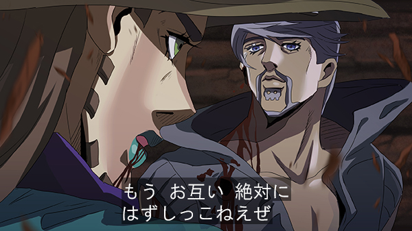 2boys beard blood blood_in_mouth blue_lips facial_hair fake_screenshot gyro_zeppeli hat jojo_no_kimyou_na_bouken lipstick makeup multiple_boys ringo_roadagain shimura_(yoshikatu) steel_ball_run