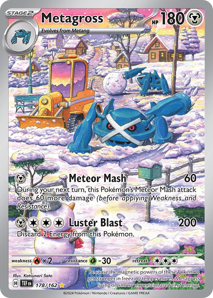 artist_name bench black_sclera bulldozer bush card_(medium) character_name chimney claws colored_sclera company_name copyright_name copyright_notice door english_text fence flower footprints gen_3_pokemon house katsunori_s lamppost mailbox_(incoming_mail) metagross metang nintendo no_humans official_art open_mouth outdoors pink_flower pokemon pokemon_(creature) pokemon_card pokemon_focus pokemon_tcg red_eyes shovel sky smoke snow snow_shovel snowball snowing snowman third-party_source trading_card tree window