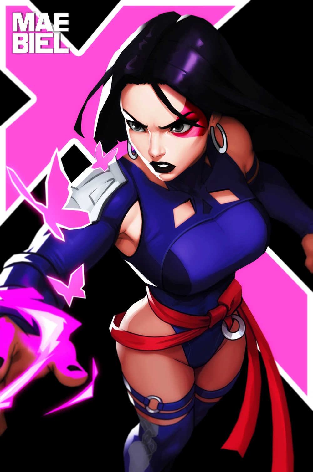 1girl bare_shoulders breasts bug butterfly earrings elbow_gloves facepaint gloves highleg highleg_leotard highres holding holding_weapon insect jewelry large_breasts leotard long_hair maebiel marvel marvel_rivals psylocke psylocke_(vengeance) purple_hair purple_leotard sash solo superhero_costume sword thighhighs weapon x-men