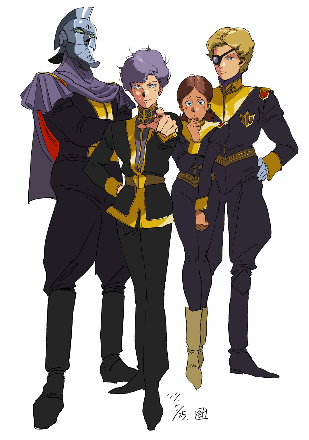 1girl 2025 3boys annamarie_bourget carozzo_ronah character_request closed_mouth crossbone_vanguard dark-skinned_female dark_skin dated dorel_ronah eyepatch full_body gundam gundam_f91 helmet highres looking_at_viewer mask military_uniform multiple_boys pointing pointing_at_viewer signature simple_background smile white_background yasuhiko_yoshikazu_(style) zabine_chareux zigharii