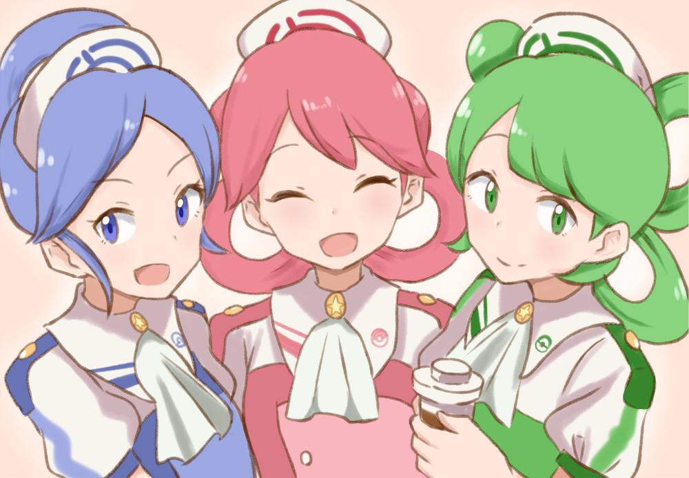 3girls blue_eyes blue_hair blush closed_eyes cup green_eyes green_hair hairstyle_request hat holding holding_cup kaito_(kaito921125) multiple_girls nintendo nurse_cap open_mouth pink_background pink_hair pokemon pokemon_masters_ex short_hair smile tricia_(pokemon) trinnia_(pokemon) trista_(pokemon) upper_body