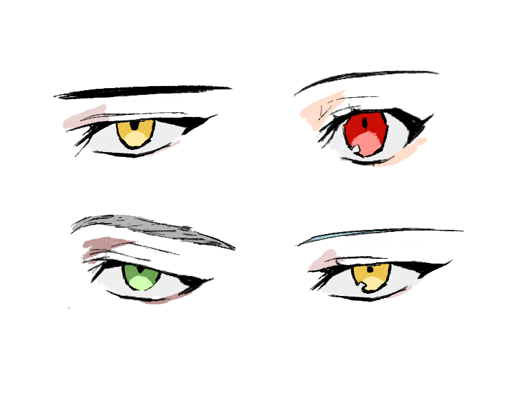 2boys 2girls angela_(project_moon) ayin_(project_moon) benjamin_(project_moon) carmen_(project_moon) eye_focus ggame_ming green_eyes grey_eyebrows lobotomy_corporation multiple_boys multiple_girls project_moon red_eyes simple_background white_background yellow_eyes