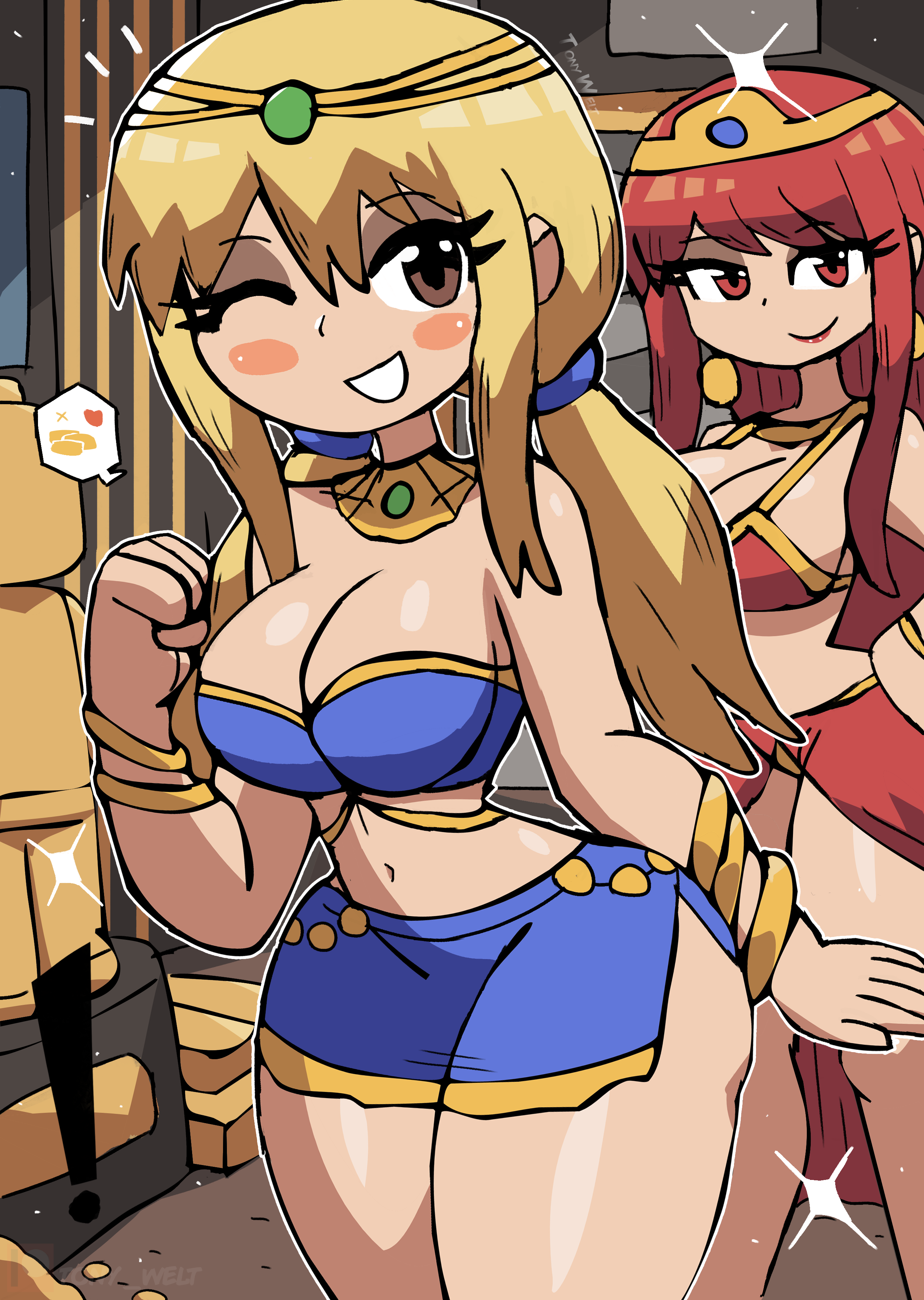 ! 2girls absurdres bikini blonde_hair blue_bikini blue_skirt blush bracelet breasts brown_eyes cleavage dancer earrings erza_scarlet fairy_tail gold grin hand_on_own_hip harem_outfit heart highres jewelry large_breasts lego lego_minifig long_hair looking_at_viewer low_twintails lucy_heartfilia midriff multiple_girls navel one_eye_closed pelvic_curtain red_bikini red_eyes red_hair red_lips sidelocks skirt smile sparkle speech_bubble spoken_gold spoken_heart standing statue swimsuit teeth the_lego_group thick_thighs thighs tiara tony_welt twintails usekh_collar wide_hips wink