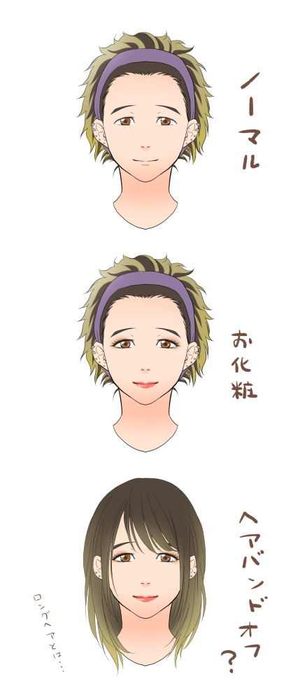 1girl blonde_hair brown_eyes brown_hair dorocoko ear_piercing eyeshadow katsuki_mari lipstick makeup multicolored_hair piercing smile translated two-tone_hair upper_body yuri!!!_on_ice