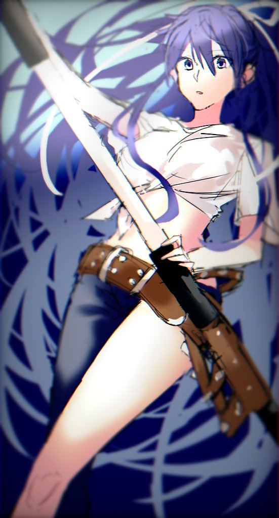 1girl asymmetrical_clothes asymmetrical_legwear belt black_hair blurry blurry_foreground breasts commentary_request hair_ribbon holding holding_sheath holding_sword holding_weapon kanzaki_kaori katana large_breasts long_hair midriff navel nmdsk ootachi ponytail purple_eyes ribbon sheath shichiten_shichitou shirt single_pantsleg solo sword toaru_majutsu_no_index toaru_majutsu_no_index:_old_testament unsheathing very_long_hair weapon