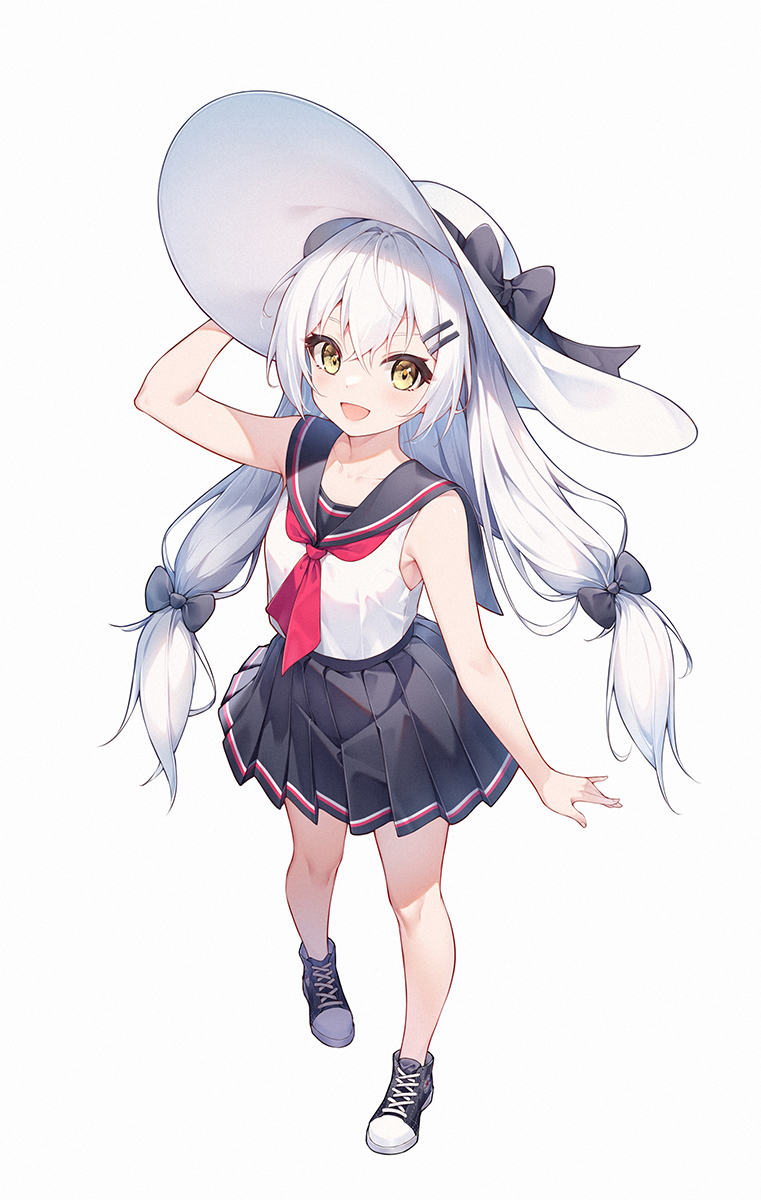 1girl aged_down black_bow black_footwear bow commission ge_zhong_kuaile girls&#039;_frontline hairpin hat highres long_hair looking_at_viewer multiple_hairpins neckerchief pixiv_commission pleated_skirt red_neckerchief sailor_collar school_uniform serafuku shirt shoes simple_background skirt sleeveless smile standing sun_hat svd_(girls&#039;_frontline) very_long_hair white_background white_hair white_headwear white_shirt yellow_eyes