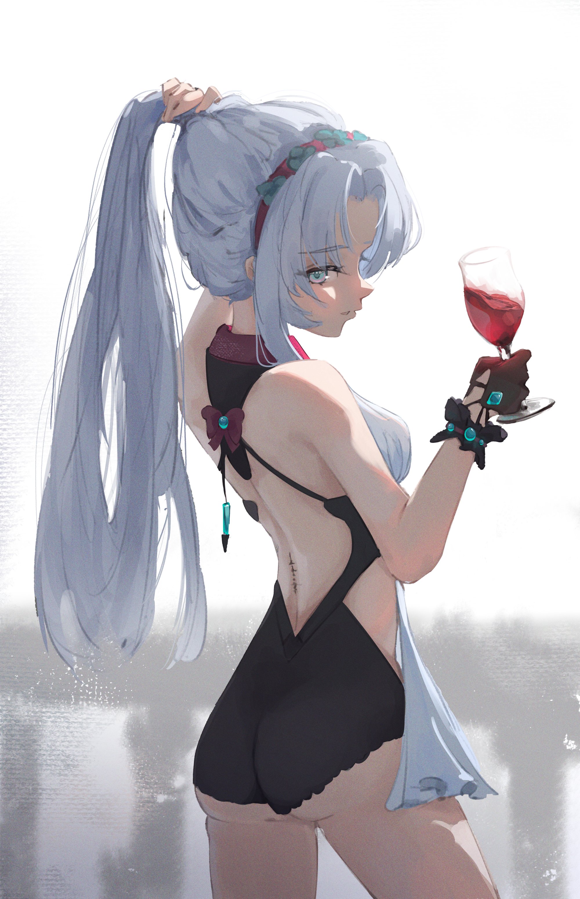 1girl absurdres alternate_hairstyle aqua_eyes ass backless_dress backless_outfit bare_shoulders black_bodysuit black_gloves bodysuit breasts carlotta_(wuthering_waves) commentary cowboy_shot cup dress drinking_glass eien_001 from_behind gloves hairband highres holding holding_cup holding_own_hair long_hair looking_at_viewer median_furrow medium_breasts no_jacket parted_lips pink_hairband ponytail short_dress single_glove solo tacet_mark_(wuthering_waves) underbutt white_dress white_hair wine_glass wuthering_waves