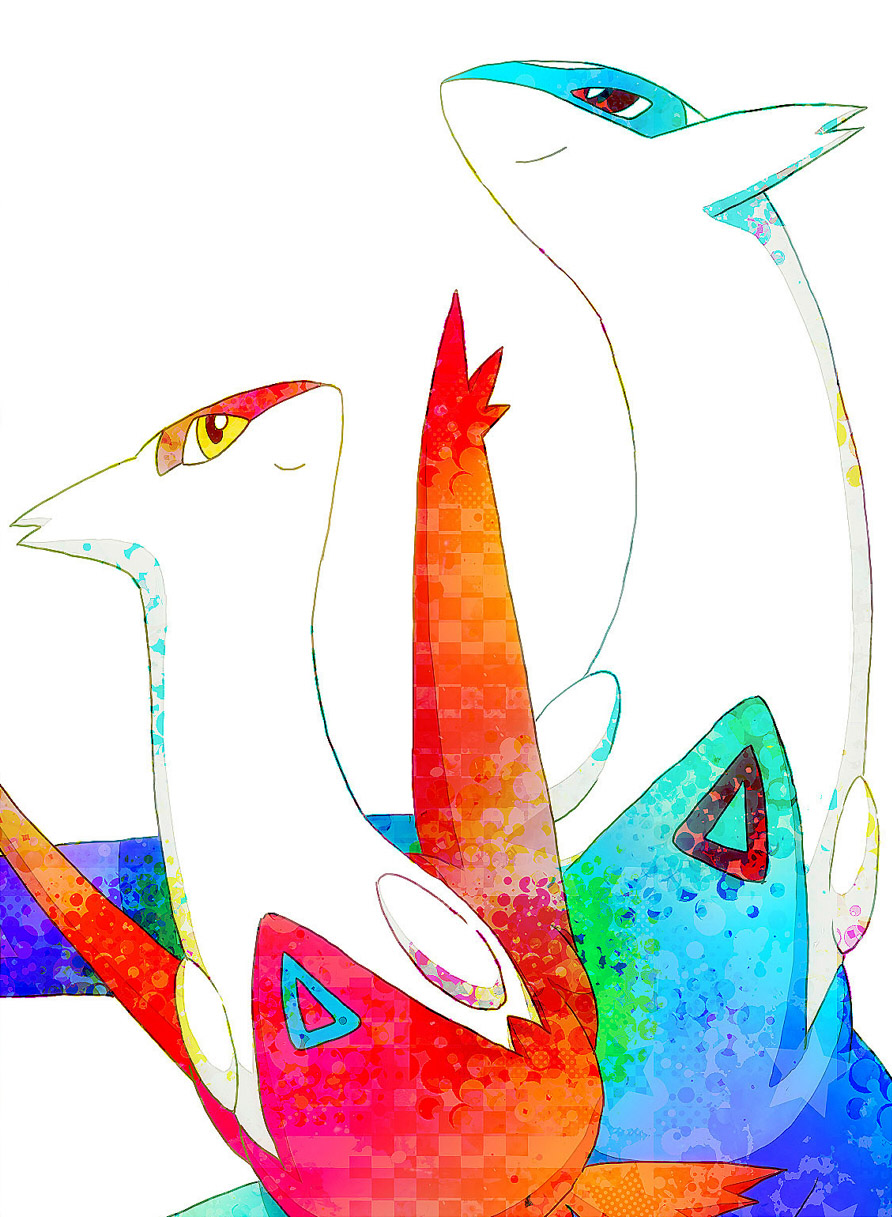 bright_pupils closed_mouth commentary_request gen_3_pokemon highres latias latios legendary_pokemon looking_up nintendo no_humans pokemon pokemon_(creature) red_eyes simple_background smile suzu_1013 white_background white_pupils yellow_eyes
