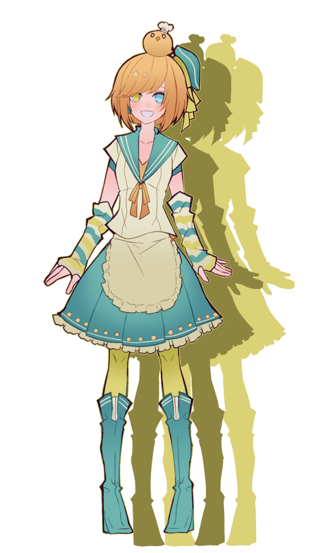 1bitheart 1girl :d animal animal_on_head apron arm_warmers baby_animal bird blue_boots blue_hat blue_sailor_collar blue_skirt blush boots chick full_body green_pantyhose green_ribbon hat hat_ribbon headphones knee_boots miwasiba neck_ribbon official_art on_head open_mouth pantyhose ribbon sailor_collar sailor_hat sakuse_sagara shirt short_sleeves skirt smile solo transparent_background waist_apron white_shirt yellow_ribbon