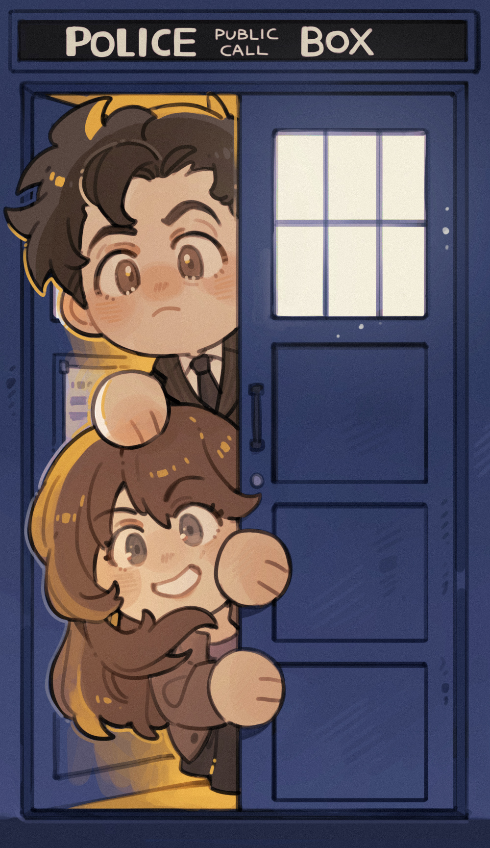 1boy 1girl animification brown_hair chibi chibi_only commentary doctor_who donna_noble formal_clothes grin highres long_hair looking_at_viewer luminous_slime necktie police_box short_hair smile suit symbol-only_commentary tardis tenth_doctor tenth_doctor_(doctor_who) the_doctor the_doctor_(doctor_who)
