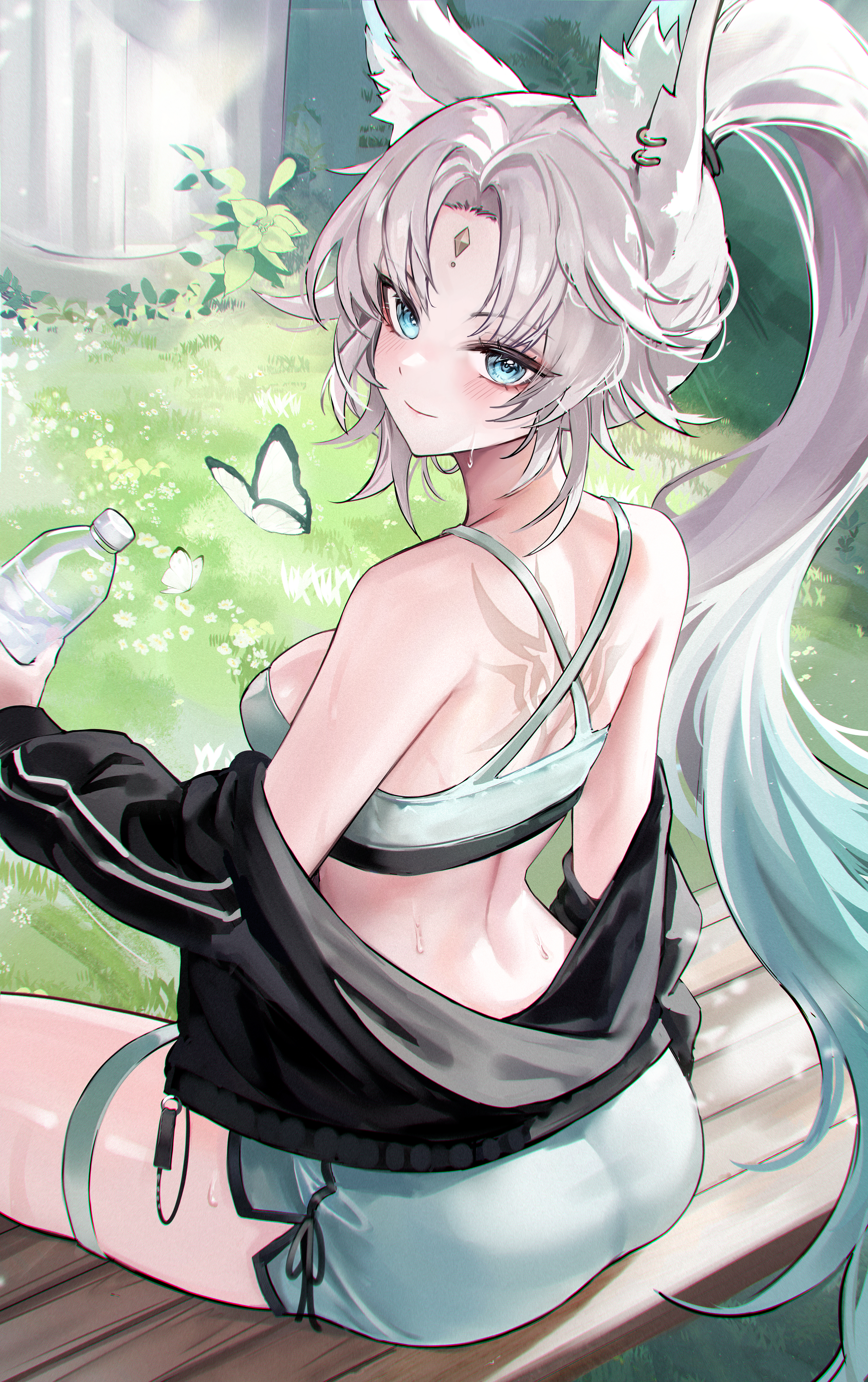 1girl absurdres alternate_costume animal_ear_fluff animal_ears back back_tattoo bare_shoulders blue_eyes bottle bug butterfly closed_mouth commentary feixiao_(honkai:_star_rail) forehead_jewel fox_ears fox_girl from_behind gradient_hair grass green_hair highres holding holding_bottle honkai:_star_rail honkai_(series) insect long_hair looking_at_viewer median_furrow multicolored_hair parted_bangs ponytail shorts sidelocks sitting smile solo sports_bra tattoo thigh_strap very_long_hair water_bottle white_hair zije