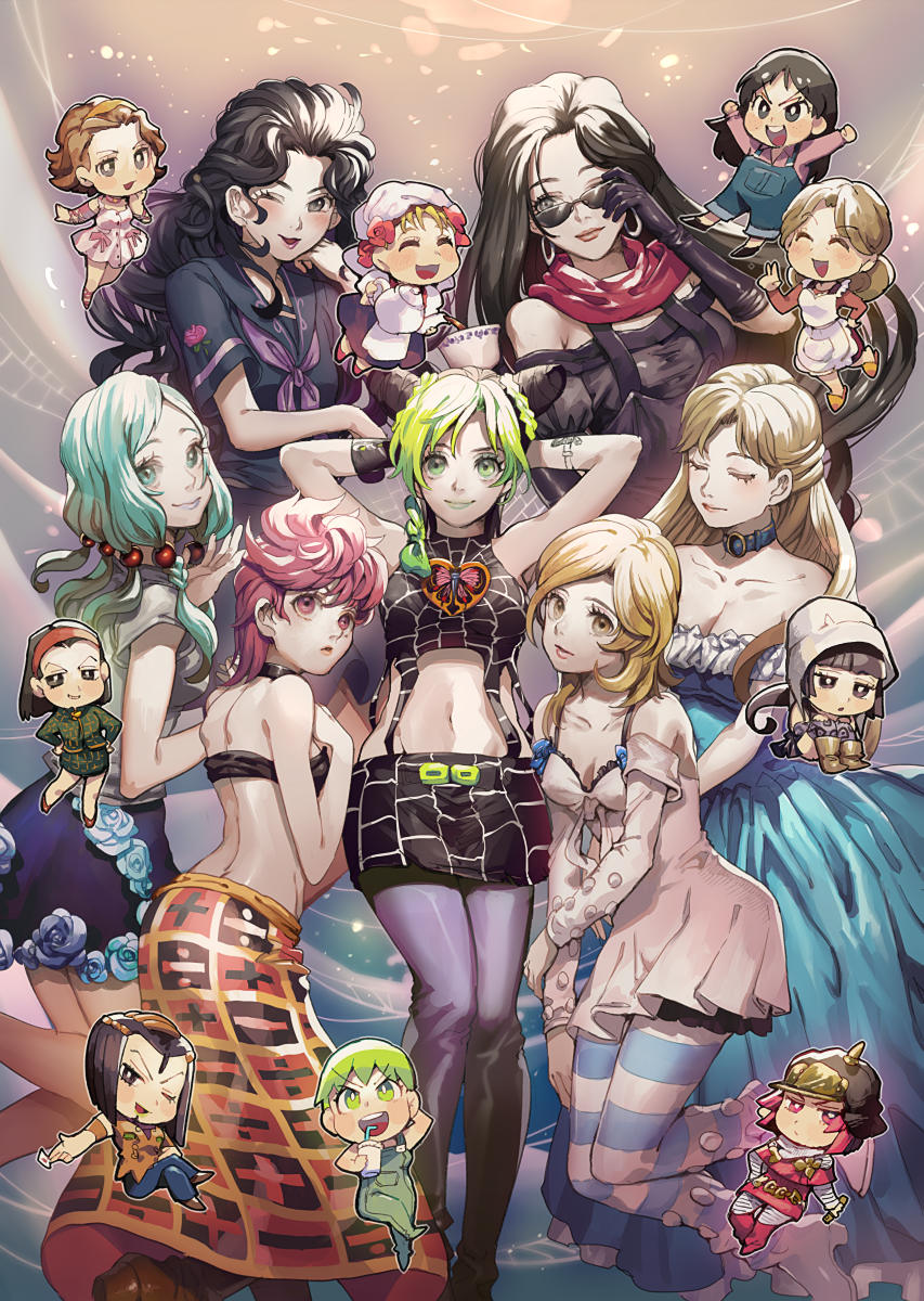 &gt;:d 6+girls :d ;d ^_^ adjusting_eyewear animal_print aoki_(fumomo) apron aqua_eyes aqua_hair arm_warmers arms_up back bare_shoulders between_fingers black_eyes black_gloves black_hair black_serafuku blonde_hair blue_dress blue_flower blue_rose blunt_bangs blush boots bow braid breasts brown_hair butterfly_print card chibi choker cleavage clenched_hands closed_eyes closed_mouth collarbone collared_shirt colored_eyelashes cup detached_sleeves double_bun dreadlocks dress drinking_straw earrings erina_pendleton ermes_costello eyelashes floral_print flower flying foo_fighters_(jojo) freckles frown glasses gloves green_eyes green_hair green_lips hair_bobbles hair_bun hair_ornament hair_slicked_back hairband half_updo hand_on_own_cheek hand_on_own_chest hand_on_own_face hands_on_own_hips hat headdress heart higashikata_tomoko highres hirose_yasuho holding holding_card hood hoop_earrings hot_pants_(sbr) jewelry jojo_no_kimyou_na_bouken jojolion kuujou_holly kuujou_jolyne layered_sleeves leopard_print lipstick lisa_lisa long_hair long_skirt long_sleeves looking_at_viewer lucy_steel makeup medium_breasts miniskirt multicolored_hair multiple_girls one_eye_closed open_mouth orange_slippers outstretched_arm overalls pantyhose pink_boots pink_bow pink_eyes pink_hair pink_lips pink_ribbon pouring purple_flower purple_legwear purple_rose purple_skirt red_flower red_lips red_rose red_scarf red_shoes ribbon rose rose_print runaway_girl_(jojo) scarf school_uniform serafuku shirt shoes short_dress short_hair short_over_long_sleeves short_sleeves single_braid single_hair_bun sitting skirt sleeveless slippers small_breasts smile smirk spikes star_(sky) steel_ball_run strapless striped_clothes striped_legwear striped_thighhighs sugar_mountain sugimoto_reimi sunglasses suzi_q tattoo tea teacup teapot thighhighs trish_una turtleneck v v-shaped_eyebrows vento_aureo very_long_hair wavy_hair white_apron wristband yamagishi_yukako yellow_eyes