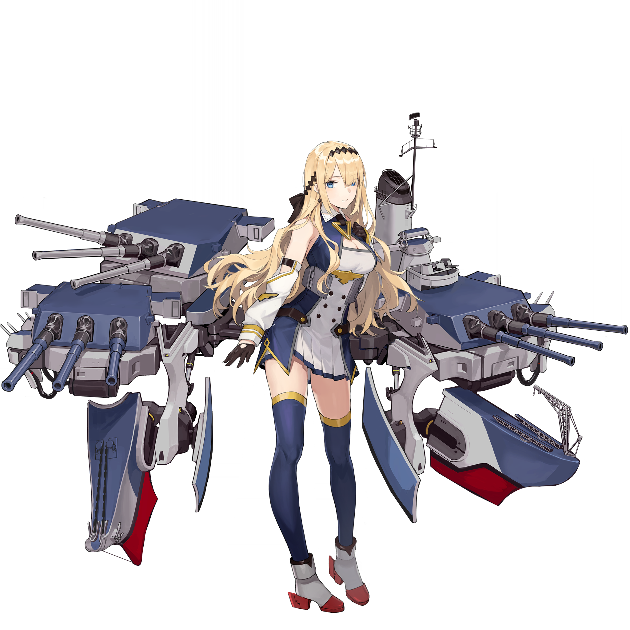 1girl artist_request autocannon black_gloves black_ribbon blonde_hair blue_dress blue_eyes blue_thighhighs bofors_40_mm_gun breasts buttons cannon cleavage detached_sleeves double-breasted dress earrings gloves hair_ribbon hand_on_own_chest highres jewelry looking_at_viewer machinery multicolored_clothes new_jersey_(warship_girls_r) official_art ribbon rigging skirt solo standing thighhighs transparent_background warship_girls_r white_dress