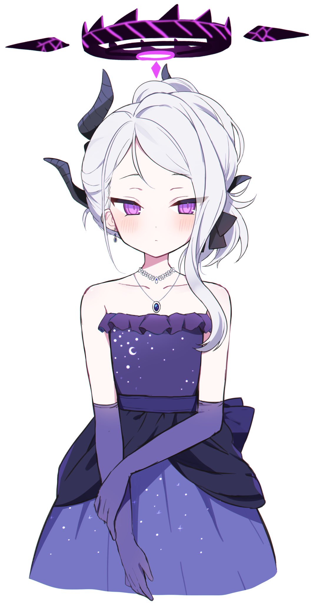 1girl bare_shoulders blue_archive demon_horns dress earrings flat_chest gloves hair_up halo highres hina_(blue_archive) hina_(dress)_(blue_archive) horns jewelry long_hair looking_to_the_side multiple_horns murase48 necklace purple_dress purple_eyes purple_gloves simple_background solo strapless strapless_dress white_background white_hair