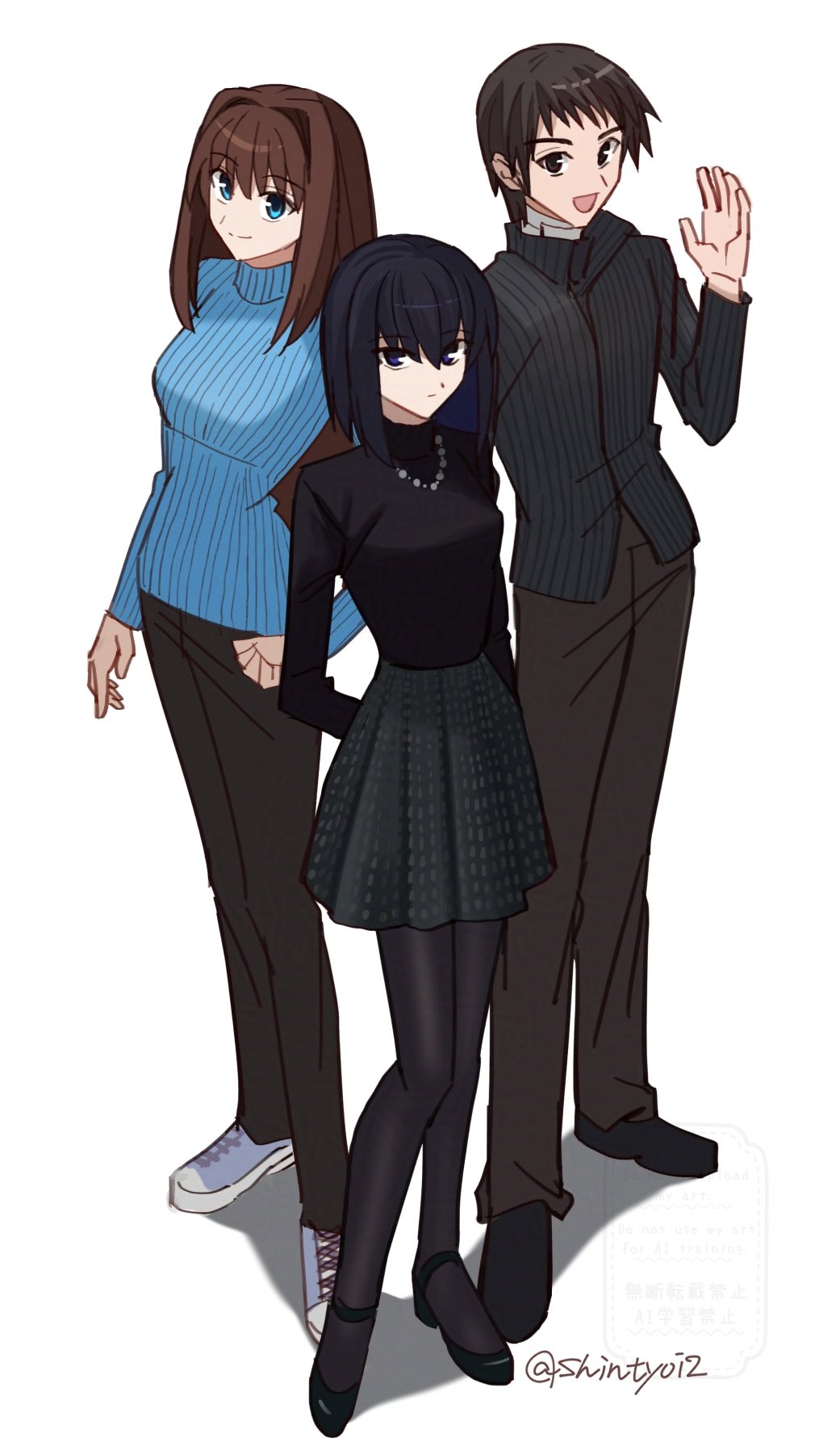 1boy 2girls aozaki_aoko black_eyes black_hair black_pants black_shirt black_shoes blue_eyes blue_shirt breasts brown_hair highres jewelry kuonji_alice large_breasts mahou_tsukai_no_yoru medium_breasts multiple_girls necklace pants pantyhose shintyoi2 shirt shizuki_soujuurou shoes short_hair signature skirt white_shoes