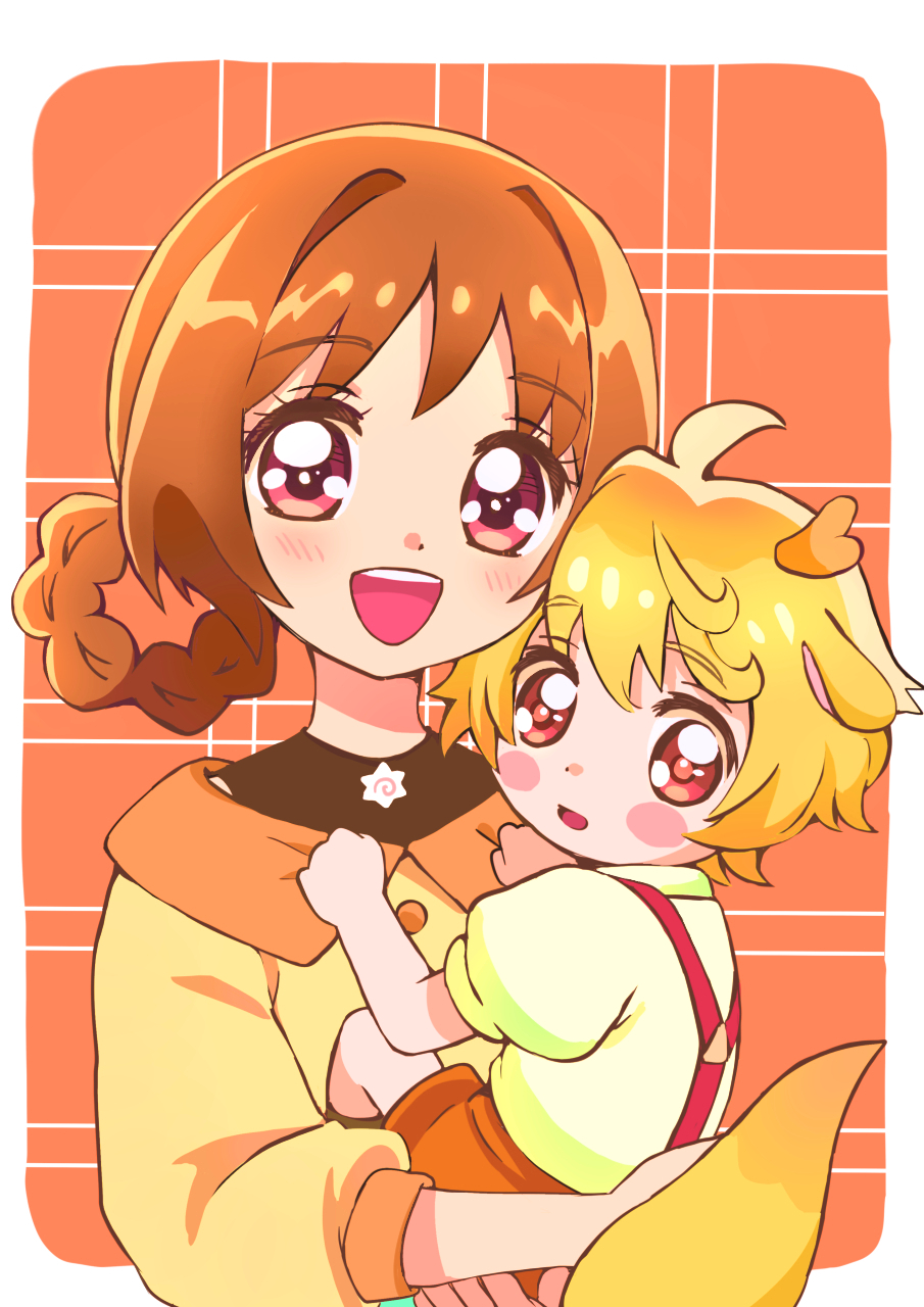 1girl animal_ears black_undershirt blonde_hair blush_stickers braid brown_hair carrying child child_carry commentary delicious_party_precure dragon_boy dragon_ears dragon_horns dragon_tail food hair_rings hanamichi_ran highres horns jewelry kamaboko kyanos_(b_0000ff) long_sleeves looking_at_viewer mem-mem_(precure) mem-mem_(precure)_(human) narutomaki necklace open_mouth orange_shorts precure red_eyes shirt short_hair short_sleeves shorts smile solo suspender_shorts suspenders tail twin_braids upper_body yellow_shirt
