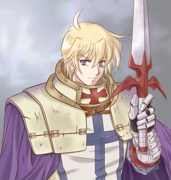 1boy 2000s_(style) ahoge armor blonde_hair cape closed_mouth commentary_request cross cross_print crusader_(ragnarok_online) gauntlets grey_background grey_eyes hair_between_eyes holding holding_sword holding_weapon looking_at_viewer male_focus pauldrons purple_cape ragnarok_online shijou_satori short_hair shoulder_armor solo sword tabard upper_body weapon white_tabard