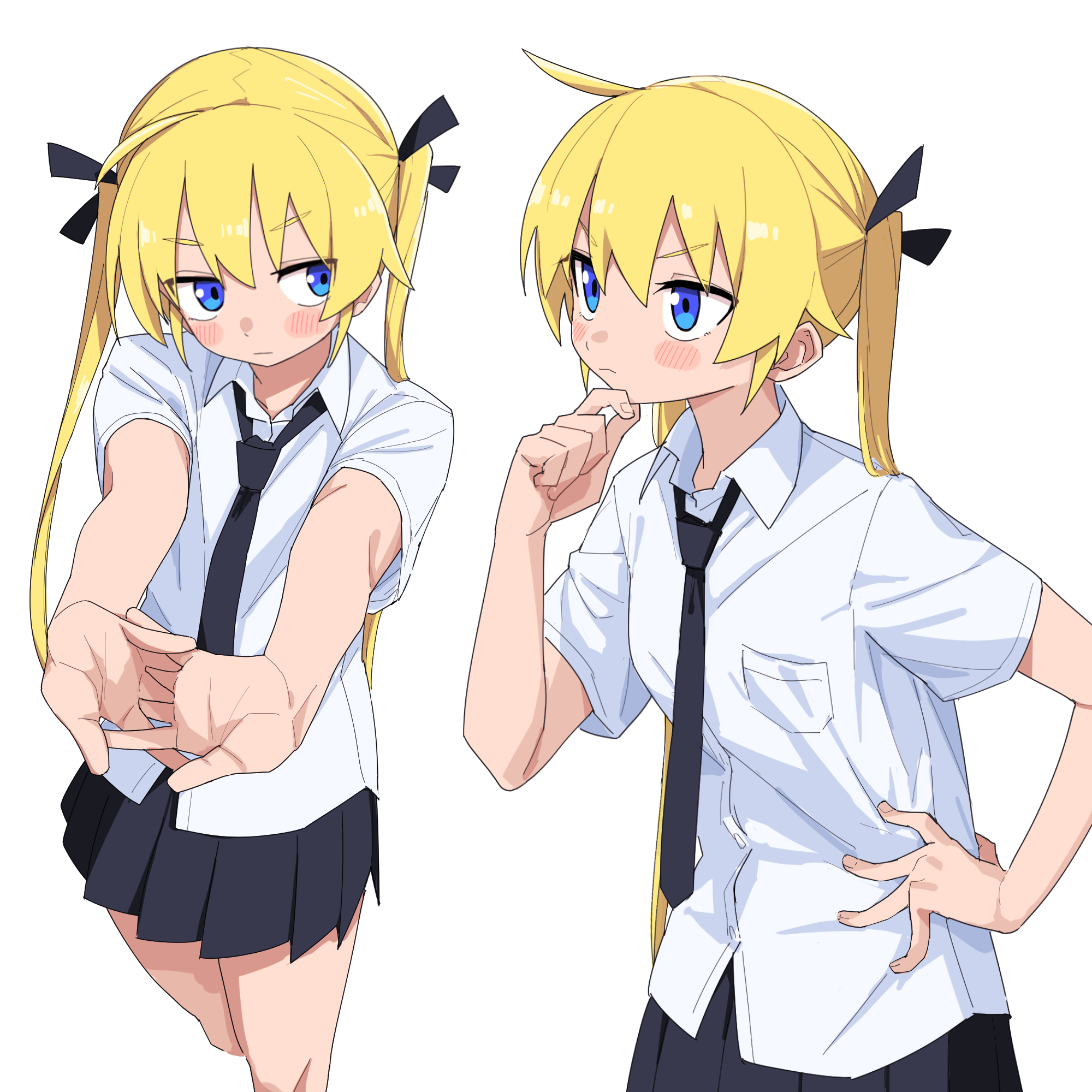 1girl ahoge black_necktie black_ribbon black_skirt blonde_hair blue_eyes blush collarbone collared_shirt cowboy_shot dress_shirt hair_between_eyes hair_ribbon hand_on_own_chin highres interlocked_fingers kill_me_baby miniskirt multiple_views necktie outstretched_arms pleated_skirt ribbon shirt short_sleeves simple_background skirt sonya_(kill_me_baby) stretching thinking twintails white_background white_shirt yachima_tana